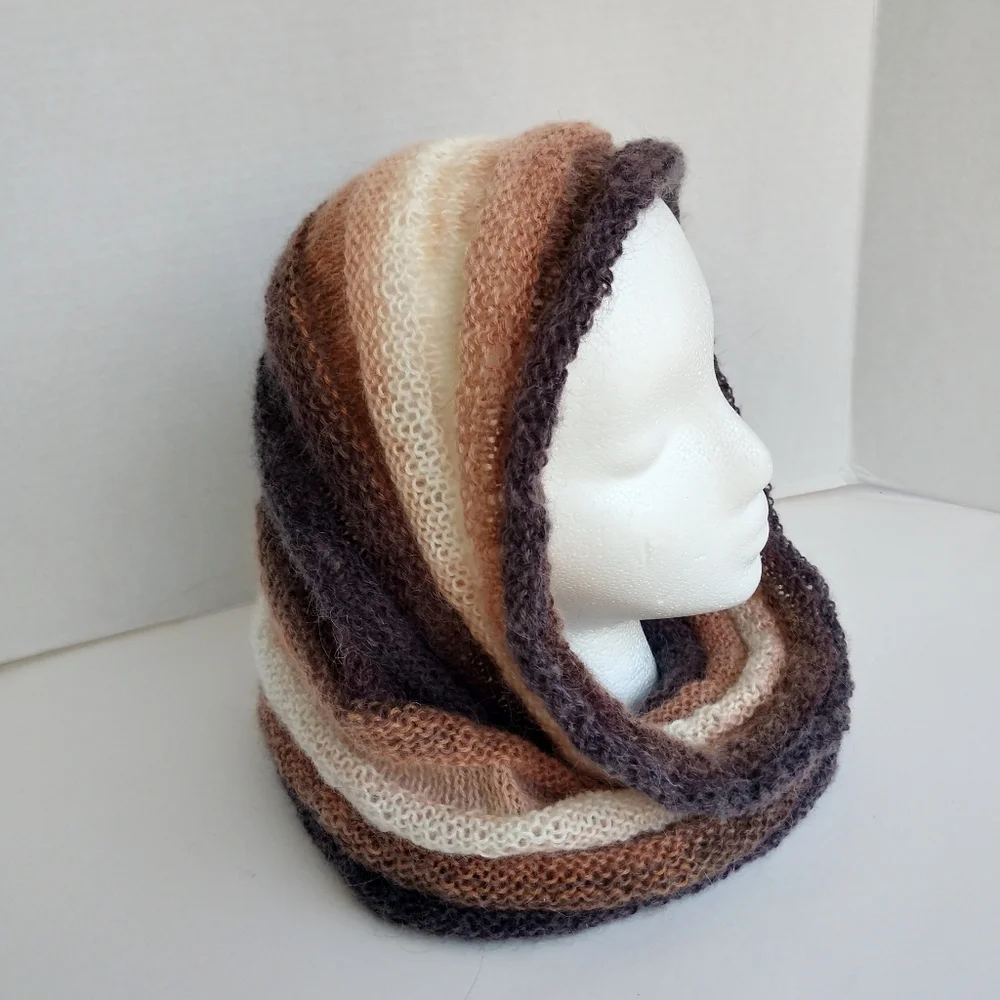 Cowl Scarf Hand Crafted Thin Knit Brown Tan Cream Stripes Hooded Winter Stripes
